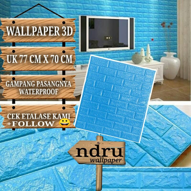 GROSIR MURAH WALLPAPER DINDING BATU BATA WALL FOAM 3D BRICK FORM UKURAN 70 CMX77CM BIRU MUDA