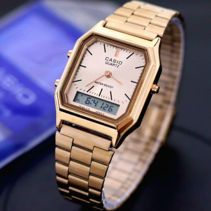 JAM TANGAN WANITA CASIO AQ230 AQ 230 RANTAI ROSHGOLD ANALOG DIGITAL