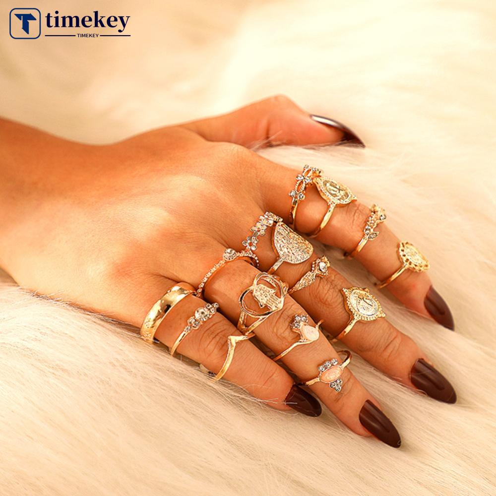 Timekey 15PCS / Set Cincin Wanita Aneka Desain Gaya Vintage Untuk Hadiah A9K8