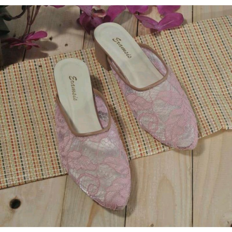 Sandal Pengantin Wanita Big Size 35-45 / Sendal Bustong Akad Nikah / Slop Penganten Brokat JUMBO hak 5cm Pink, 41