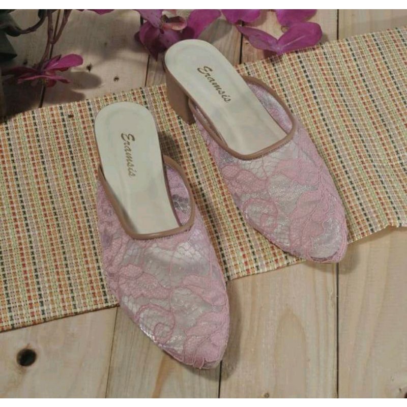 Sandal Pengantin Wanita Big Size 35-45 / Sendal Bustong Akad Nikah / Slop Penganten Brokat JUMBO hak 5cm Pink, 41