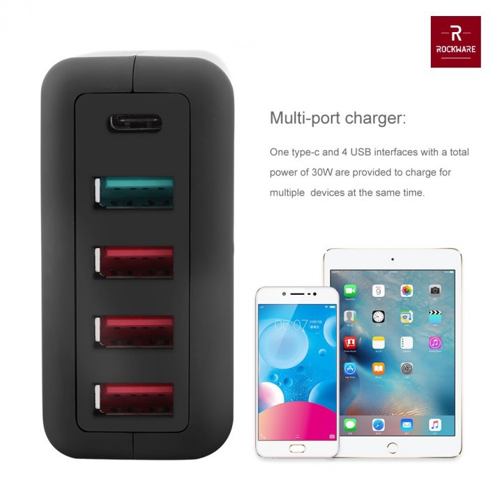 ROCKWARE T2T - Smart Fast USB Charger - 4 USB-A and 1  USB-C - 30W 6A