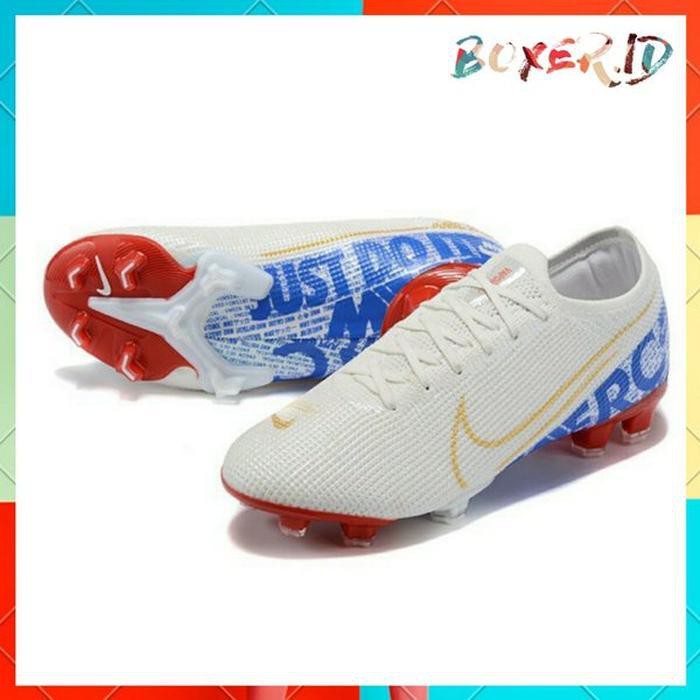 SEPATU SEPAK BOLA SOCCER NIKE MERCURIAL 13 ELITE WHITE GOLD BLUE FG PREMIUM IMPORT ORIGINAL QUALITY
