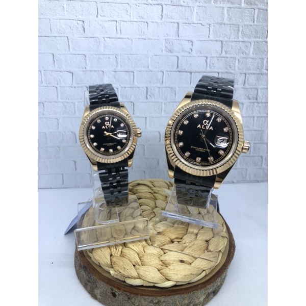 JAM TANGAN WANITA PRIA COUPLE ALFA 99105L BLACK ROSE ORIGINAL BERAGARANSI