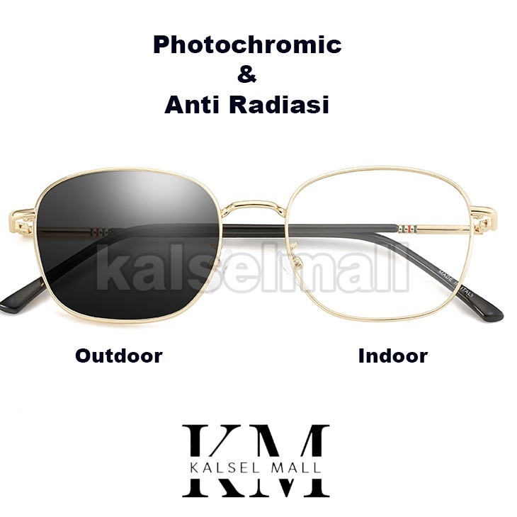 Kacamata Lensa Photocromik + Anti Radiasi Frame Kotak New Retro Vintage Kaca Mata Baca Korea Wanita Pria Cowo Cewe Perempuan Fashion Berubah Warna Hitam Photocromic AntiRadiasi Potokromik Photochromic Pria Blueray Photochromic Foto Kromik Polarised FTK2