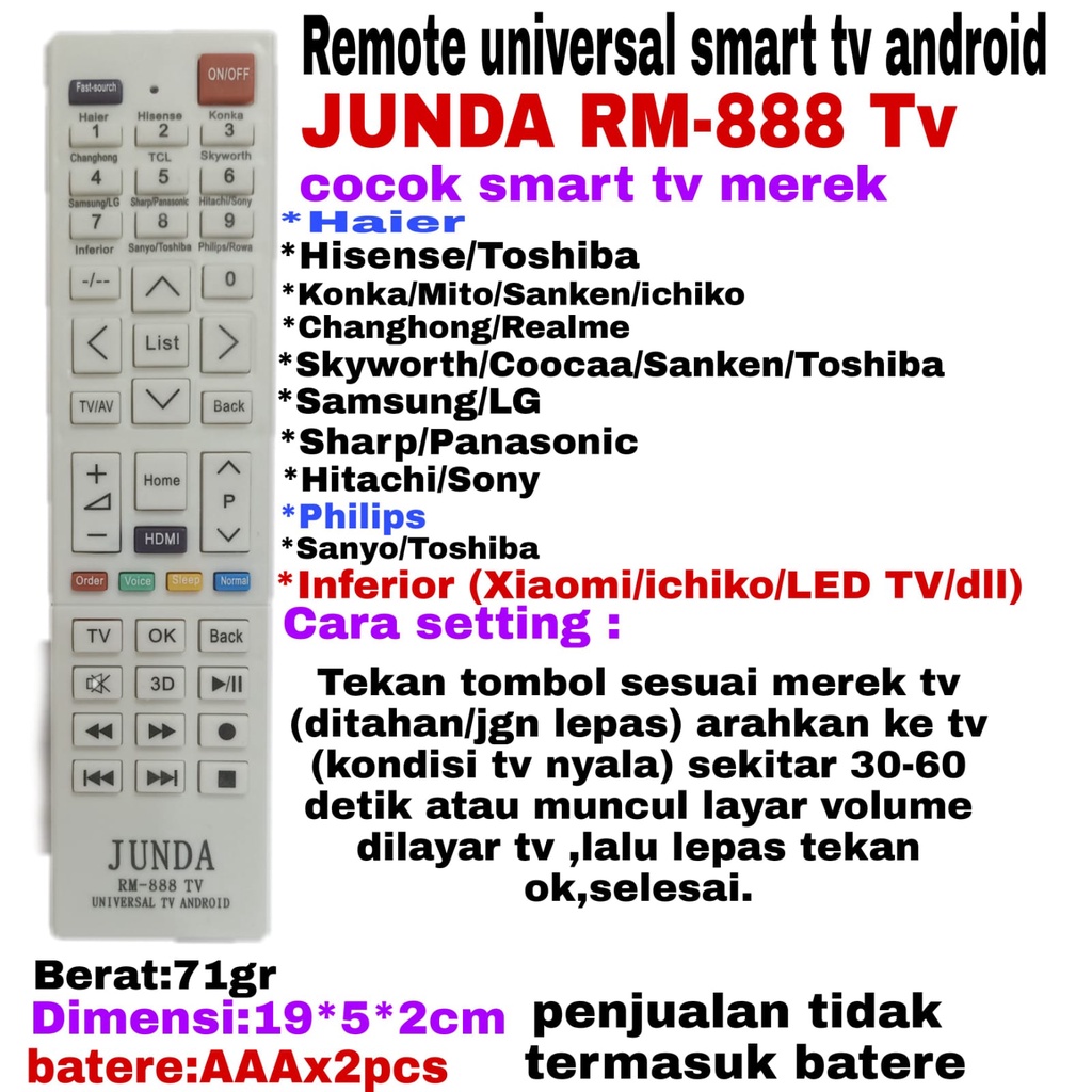 REMOTE REMOT MULTI UNIVERSAL TV LED SMART ANDROID JUNDA RM-888 BERBAGAI MEREK