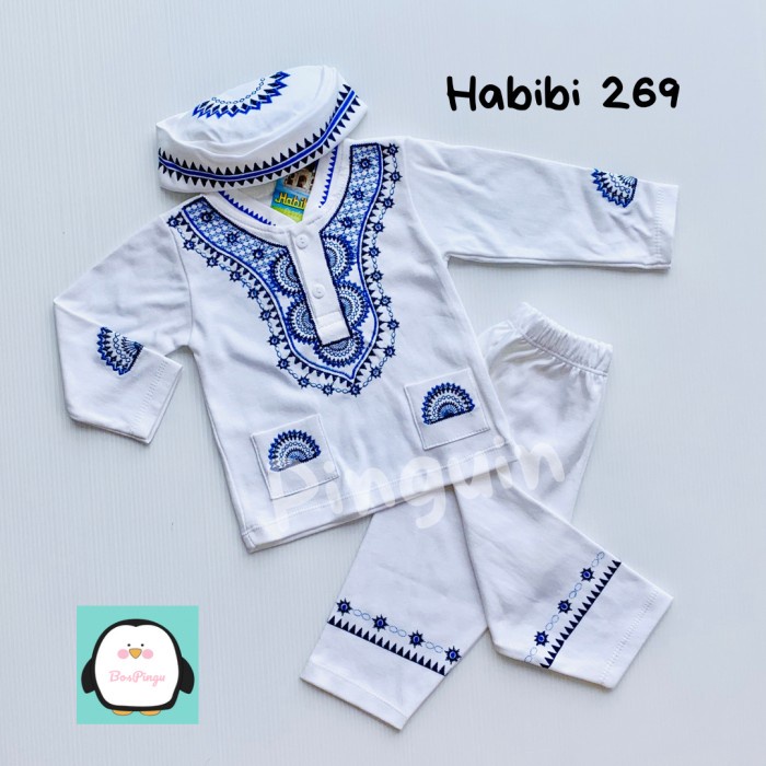 SETELAN BAJU KOKO BAYI PUTIH KAOS BORDIR ANAK 6 BULAN - 1 TAHUN - Biru