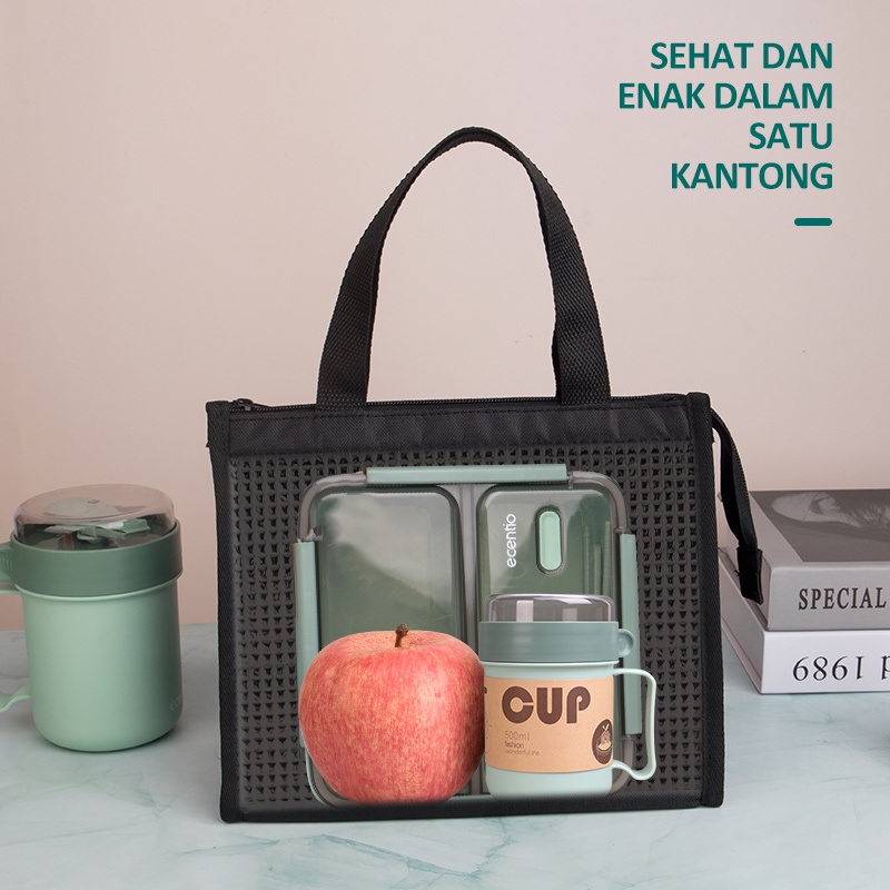 ecentio lunch box set tempat makanan 3 sekat anti tumpah/cangkir sup cup plastik tahan panas lengkap dengan hitam tas bekal bag