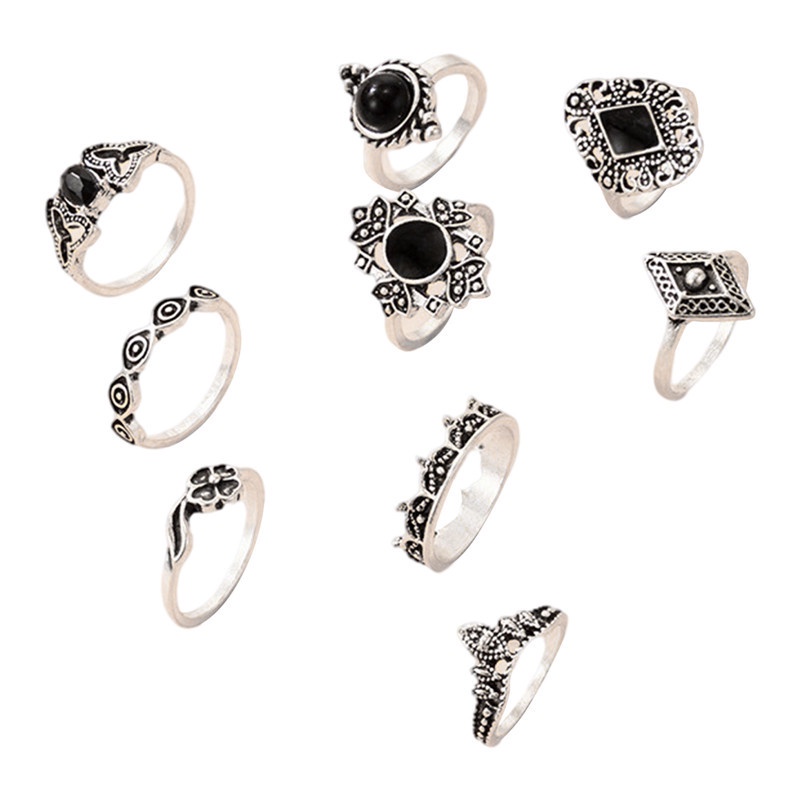 Fancyqube 9pcs / Set Cincin Wanita Desain Geometri Hias Kristal / Berlian Imitasi Hitam Untuk Pernikahan