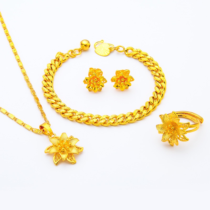 Set Kalung Gelang Cincin 24K Desain Lotus Gaya Bangkok Untuk Wanita