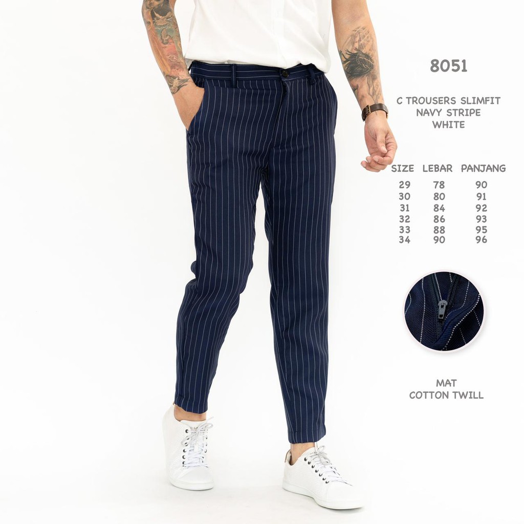 Celana Bahan Pria Slim Fit Salur Katun Stretch Cod Celana Bahan Pria Slim Fit Salur Katun Stretch Cod