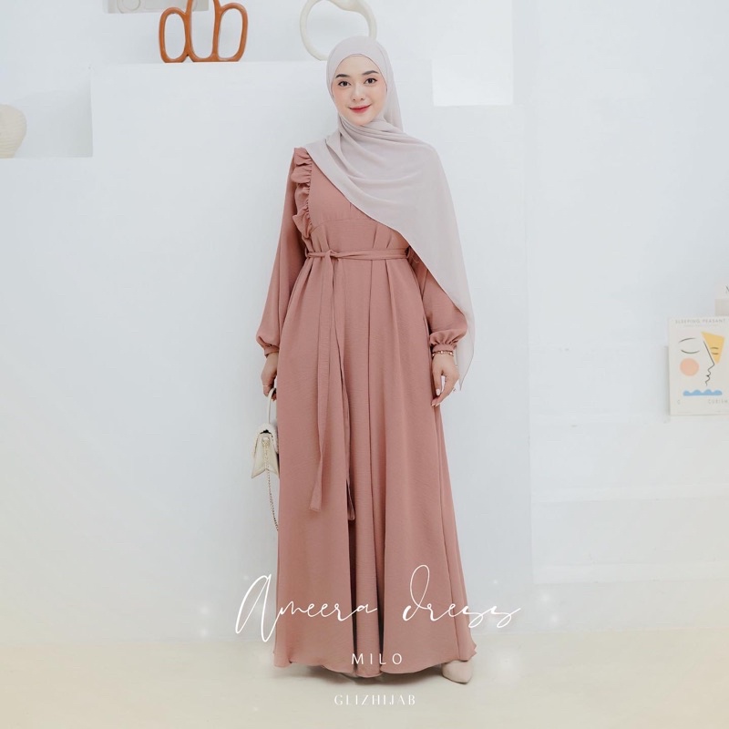GlizHijab | Ameena Dress | Gamis Remaja Muslimah Terbaru Fashion Wanita Gamis Cringkle Ukuran XS - JUMBO-Milo