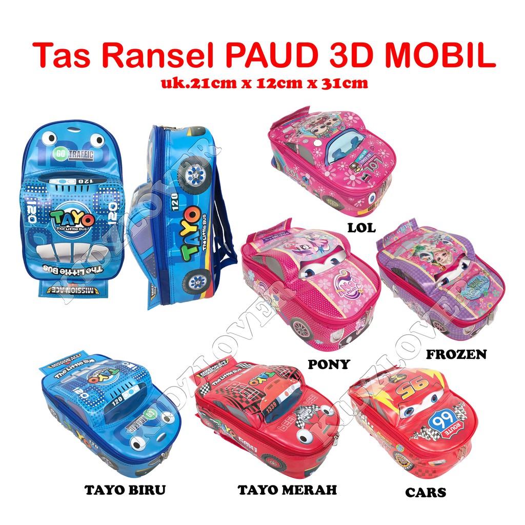 Tas Ransel Anak Sekolah Paud TK 3D Mobil