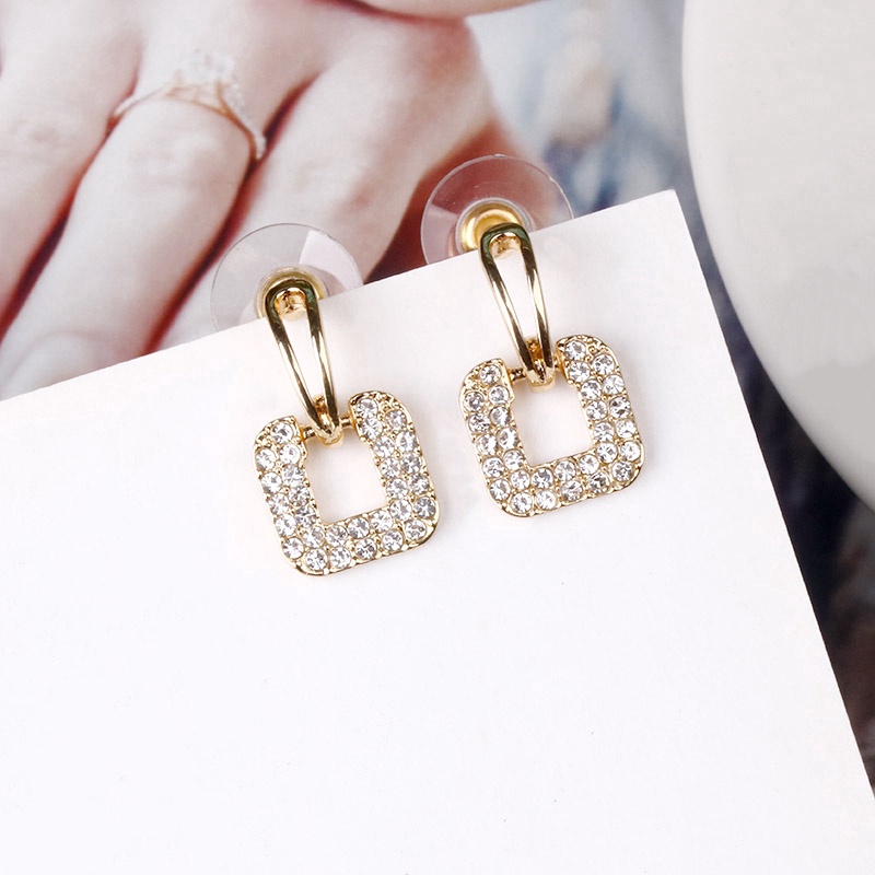 Anting Tusuk Gantung Temperament Bahan Sterling Silver 925 Desain Persegi Hias Berlian Gaya Korea / Trendy / Simple Untuk Wanita