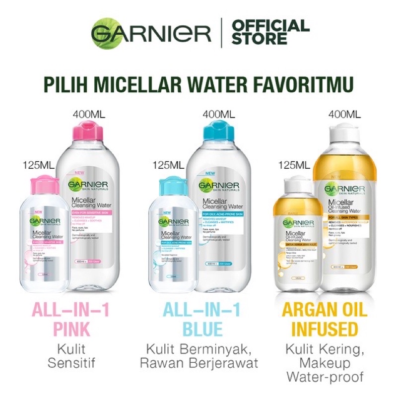 Garnier Micellar Cleansing Water Pink, Blue, Bipase Oil, Vit C, Rose Water 400 ml 125 ml 50 ml