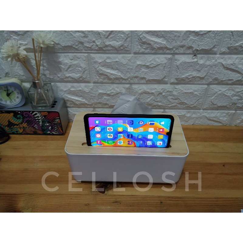 Kotak Tisu Kayu Kotak Tissue dengan Smartphone Holder - zj005 - White