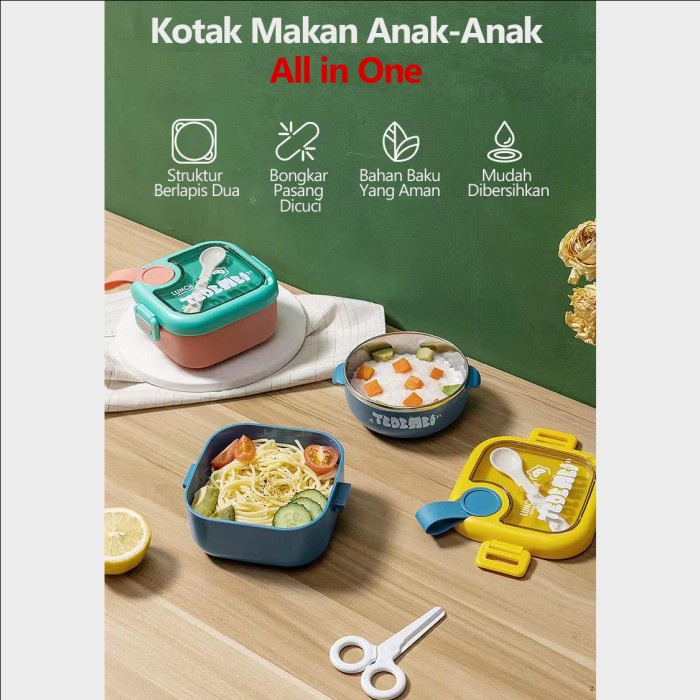 Bostonstore Kotak makan anak protable keep warm 1 set +gunting dan sendok SS 750ml / Kotak makan Set / Kotak makan Anak / Kotak makan Anti Tumpah / Kotak makan Plastik / Kotak makanan / Kotak makan Tupperware / Kotak Makan Portable