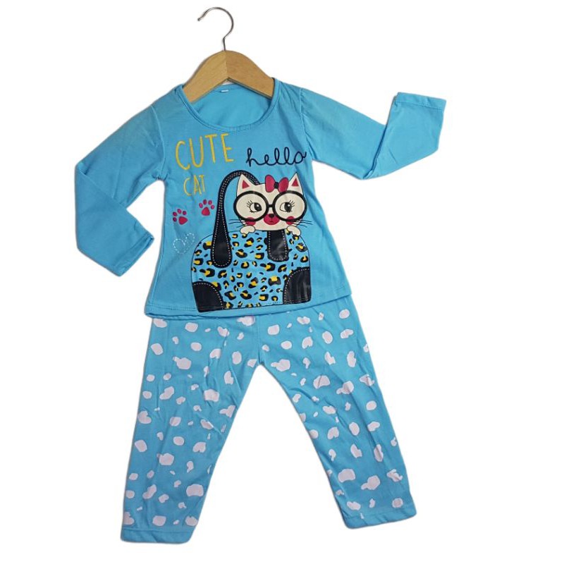 SETELAN SIKUNING PAKAIAN BAJU ANAK PEREMPUAN 2-7 TAHUN MOTIF CAT CUTE KACAMATA LENGAN PANJANG