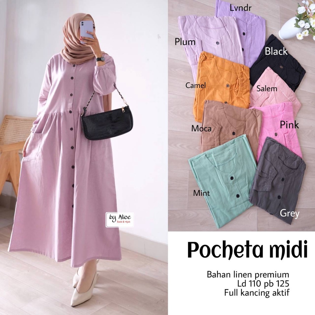 POCHETA MIDI DRESS / 18.7  / BAHAN LINEN PREMIUM / LD 110 CM / PB 125 CM / ALLSIZE / FULL KANCING / ALICE