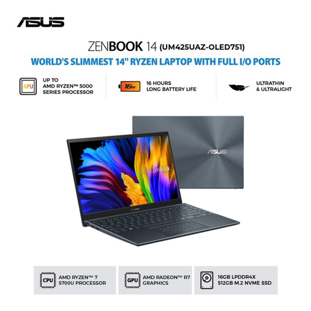 ASUS Zenbook 14 UM425UAZ-OLED751 AMD Ryzen 7 5700U AMD Radeon RAM 16GB SSD 512GB W11 OHS 14 FHD