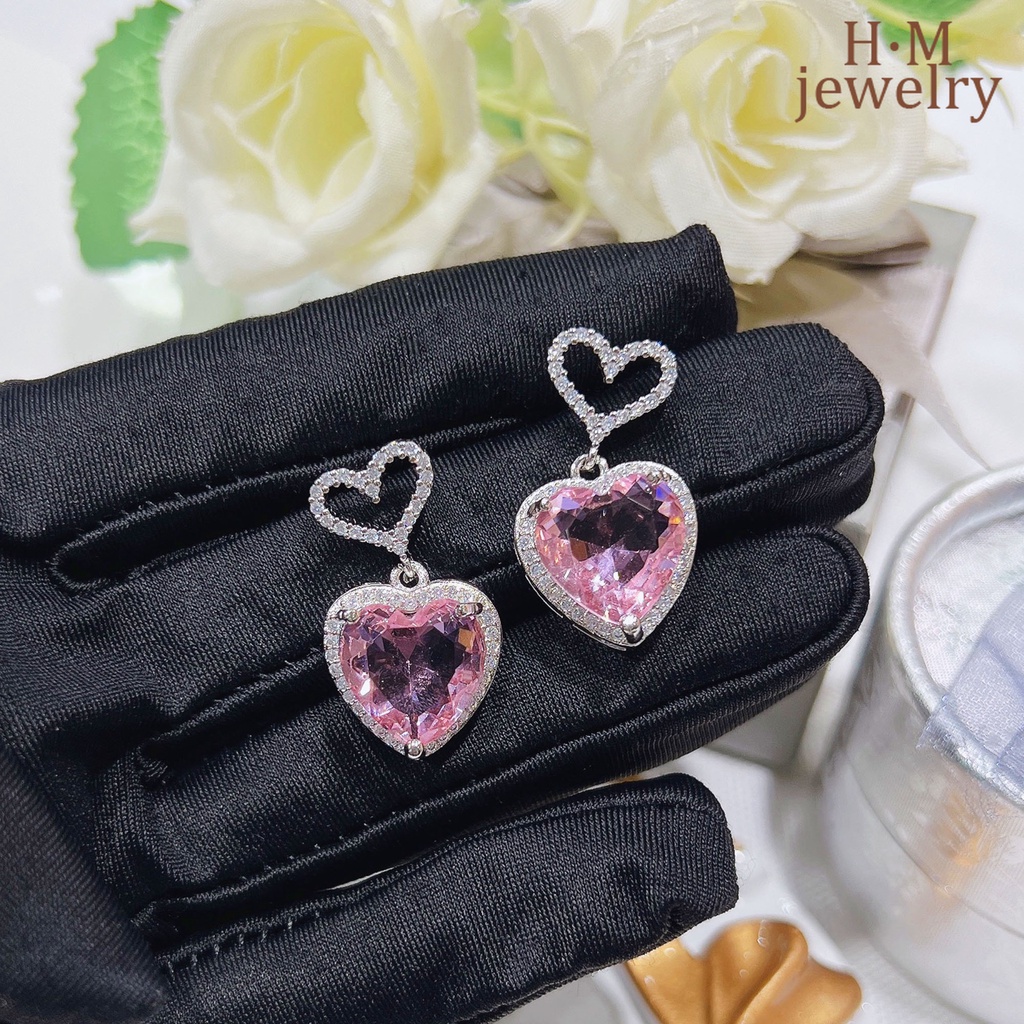 Anting Tusuk Bentuk Hati Aksen Zircon AAA Warna Pink Untuk Wanita