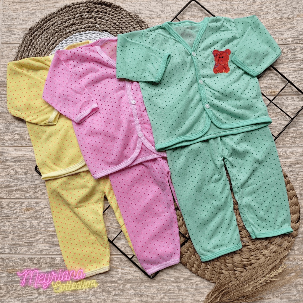 3 Setelan Baju Bayi Lengan Panjang Motip Polkadot Usia 0-6 Bulan Meyriana Collection