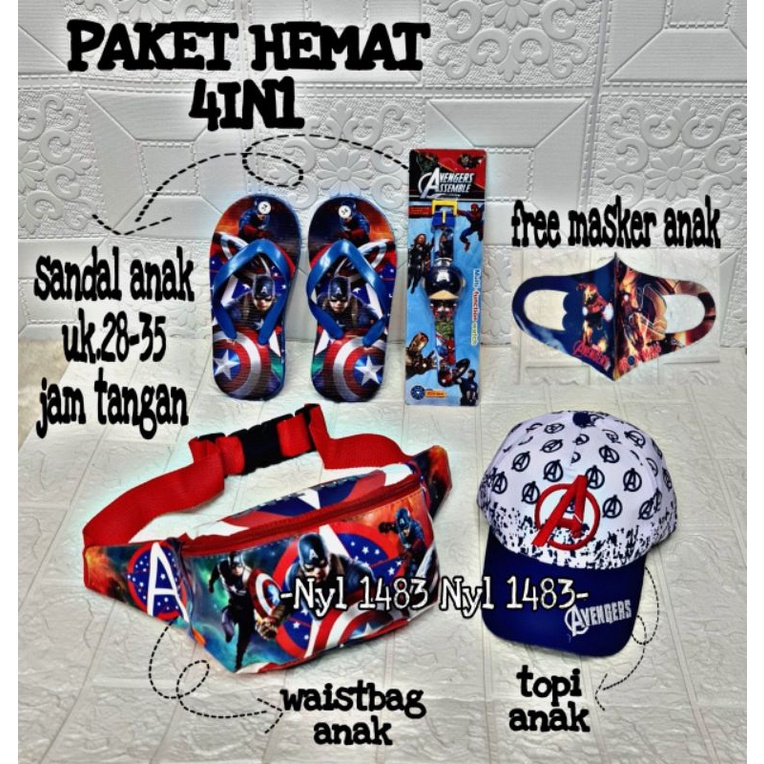 Paket Hemat 4in1 tas Waistbag anak laki-laki karakter superhero / free topi/ jam/ sandal