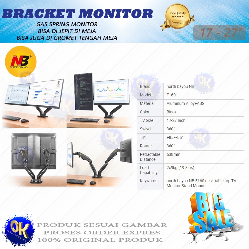 Bracket Arm Stand Dual Monitor North Bayou NB F160 17-27 Gas Spring