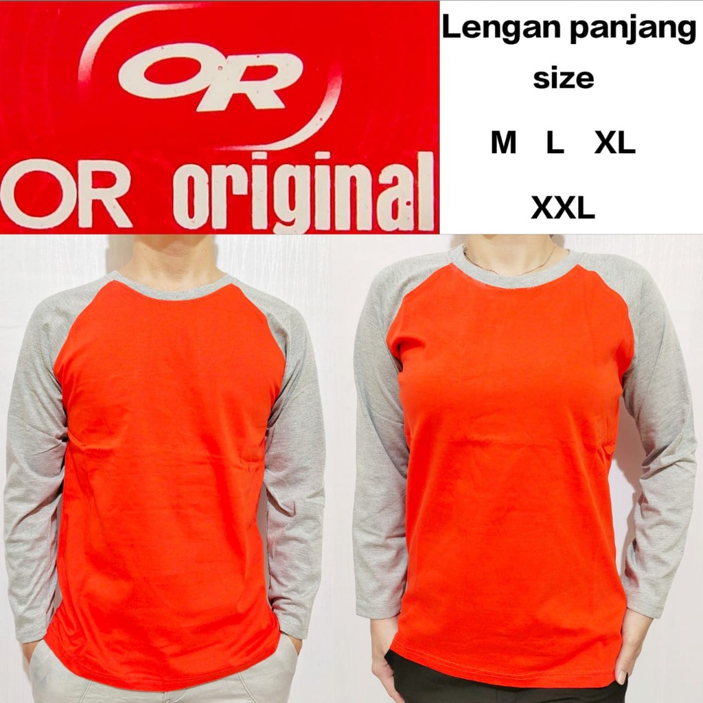 Kaos polos reglan orange lengan abu misty panjang M L XL XXL