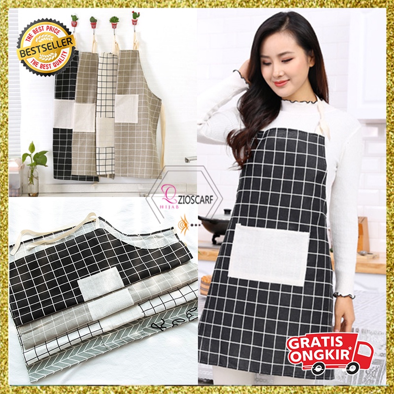 Celemek Masak Apron Chef Motif Kotak Kotak Bahan Katun Pelindung Kotoran Style Pria Wanita MX1057