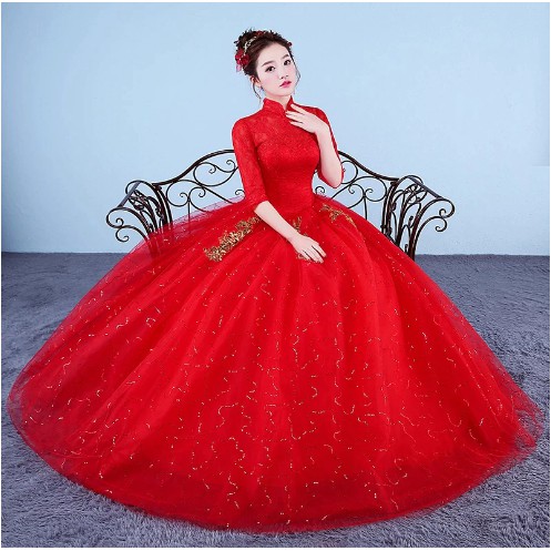gaun pengantin High Neck Korean Style Wedding Dress merah