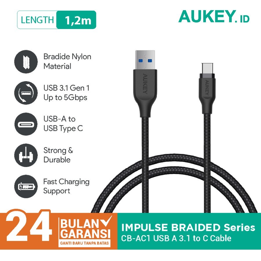 Kabel Data Charger Nylon Aukey 1,2M USB Type A 3.0 to C CB-AC1