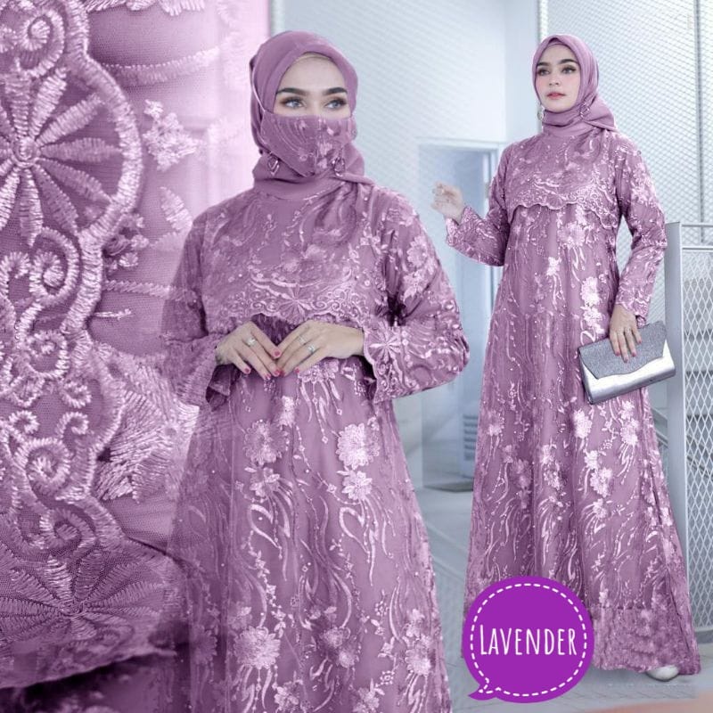 BJ - Maxi Dress Ratu Bahan Brukat Tile - Gamis Wanita Brokat Tulle - Maxi Dress Muslimah