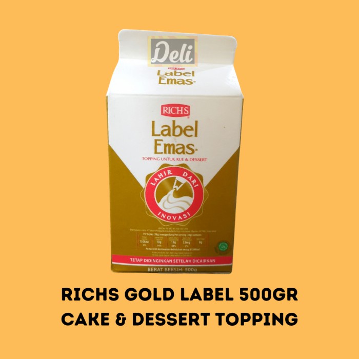 

Richs Gold Label Emas Topping Cream / Whipping Cream Untuk Kue dan Dessert 500gr