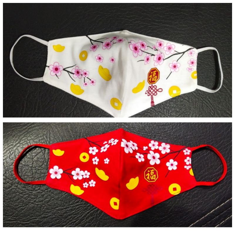 MASKER KAIN 2PLY EARLOOP MERAH PUTIH MOTIF CHINESE NEW YEAR IMLEK SINCIA TAHUN BARU CINA LAMARAN DLL