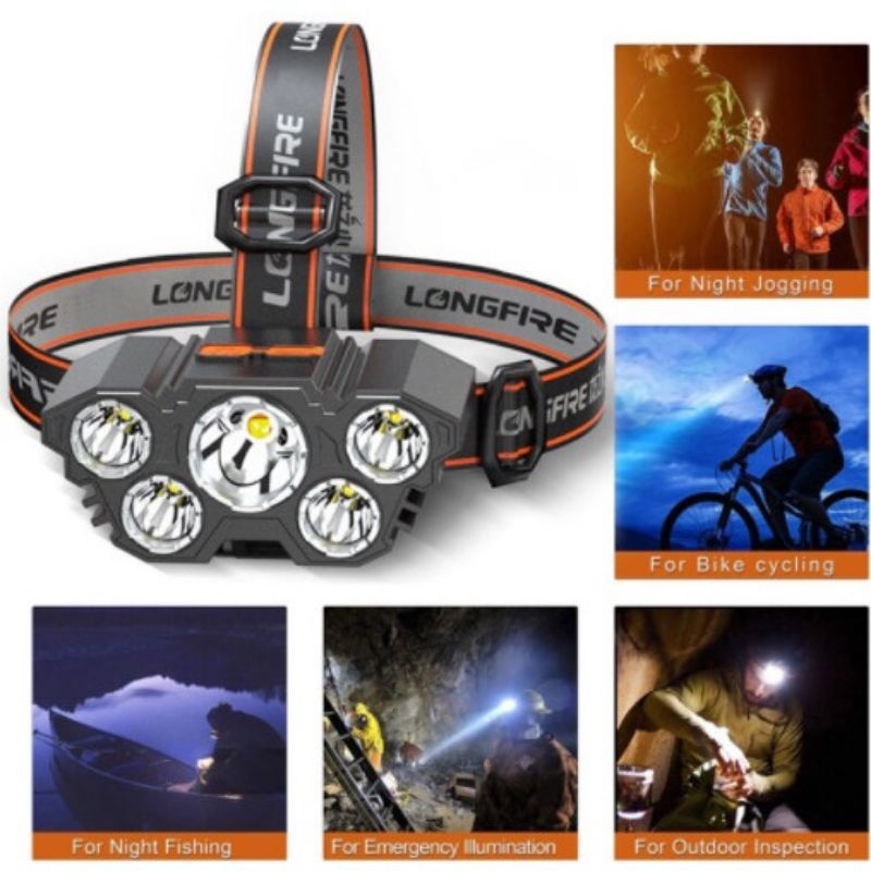 Lampu Senter Kepala 5 LED Super Terang Waterproof IPX5  USB Rechargeable