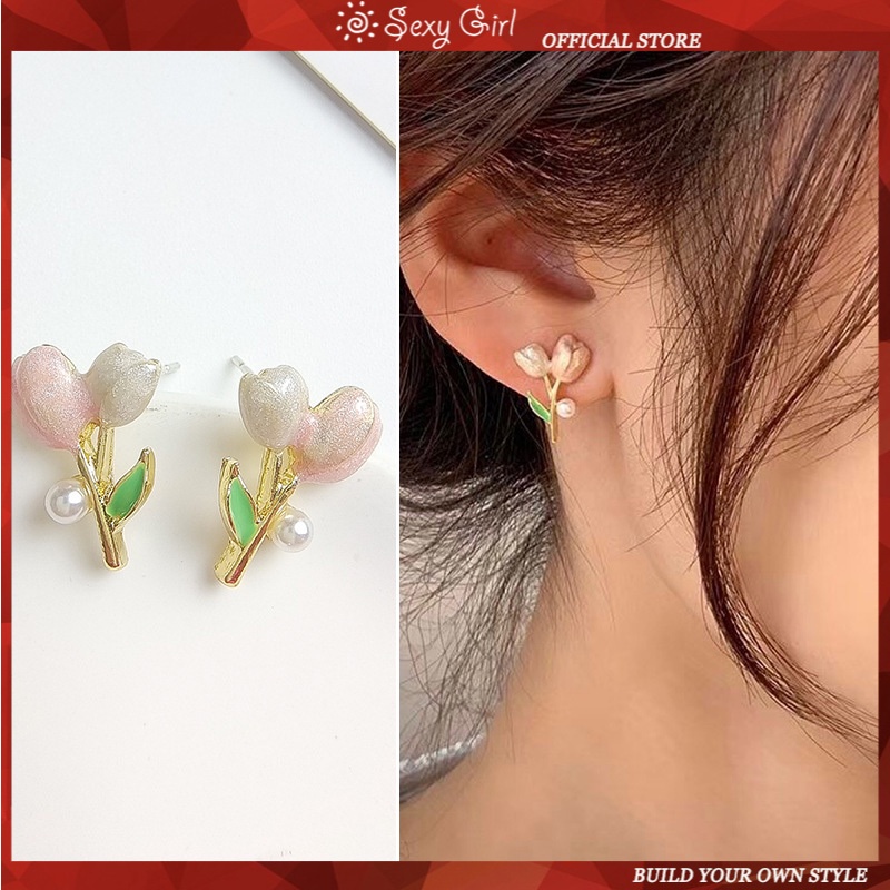 Anting Bentuk Tulip Warna Pink Bahan 925 Silver Untuk Wanita