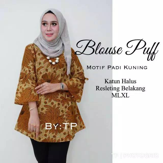 Sale obral jual murah Blus katun puff padi seikat kuning atasan batik kerja wanita cewek model lengan lonceng seragam etnik unik cantik