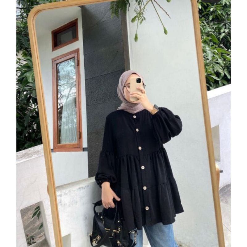 Danny Tunik Wanita Crinkle Airflow Premium Baju Tunik Wanita Terbaru Lengan Balon Panjang Busui LD 110 cm