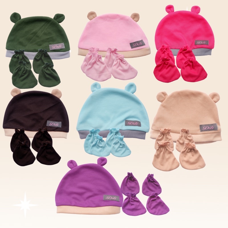 DITI Baby - Set 3 In 1 Mouse Hat / Topi, Mittens Booties / Sarung Tangan Kaki Bayi Polos Premium Lembut