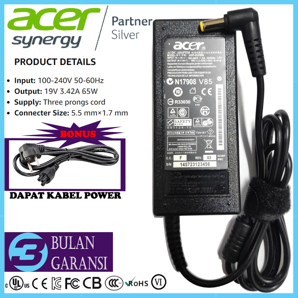 Adaptor Charger Casan Acer Aspire 19V 3.42A 65W Original E14 4710 4720 4730 4730z 4732 4732Z 4736 4738 4738z 4738g 4739 4739z 4740 4741 V5-431 V5-431G V5-431P V5-471 V5-471G V5-471P E1-410G E1-470P 4743 4750 4752 4755