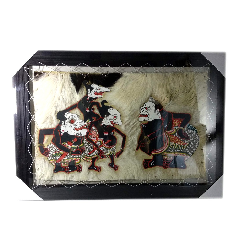 Lukisan Wayang Kulit Punokawan Kulit Kambing 70x50 cm - Bingkai Hitam