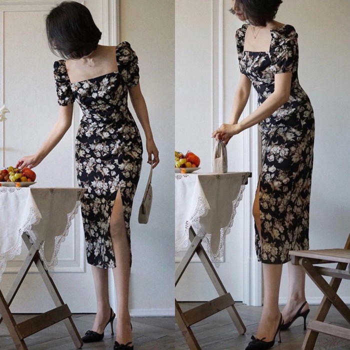 SIENA DRESS SLIT DEPAN SAMPING BELAH PUFFY MIDI DRESS(I8O4) midi dress rayon DAILY DRESS OUTFIT - DA