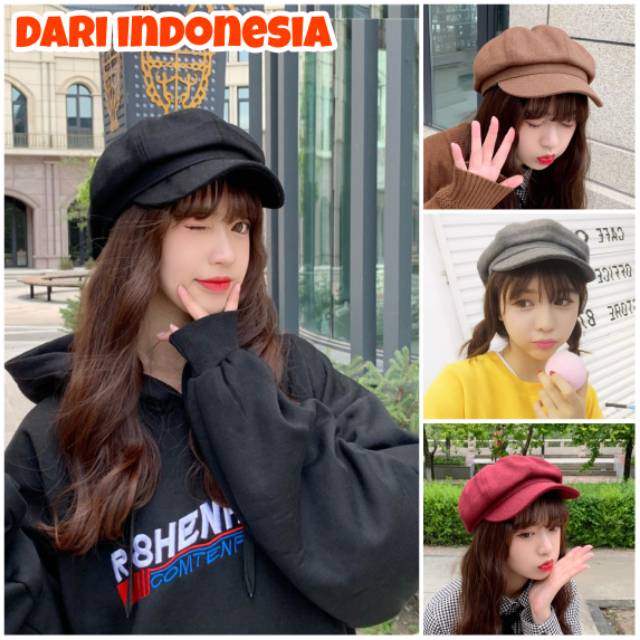 Topi Baret Gaya Retro Korea Bahan Wol untuk Wanita / Pria