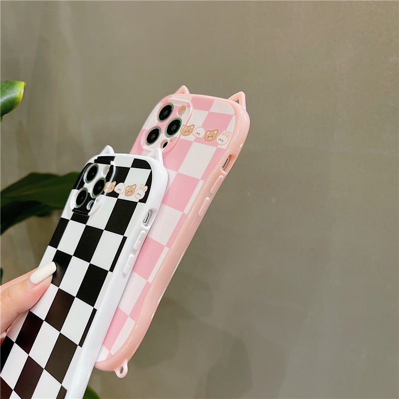 Case Desain Telinga Kucing Kotak-Kotak Untuk Iphone 11 12 Pro Max Xr Xsmax 7 8 Plus Se2020