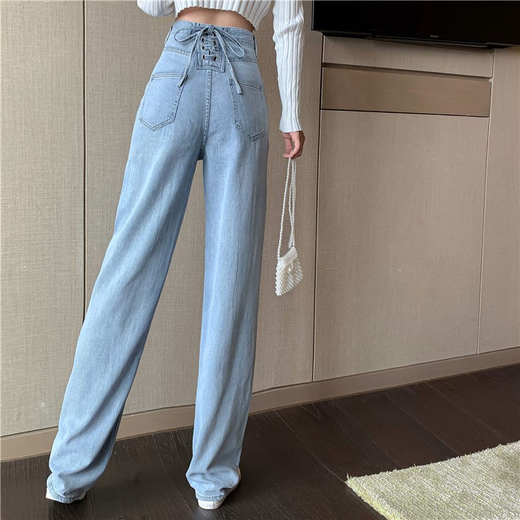 Garam Fashion Style Lace-Up Jeans High Waist Slimming Lurus Longgar Lebar Kaki Celana Pel Celana Wan