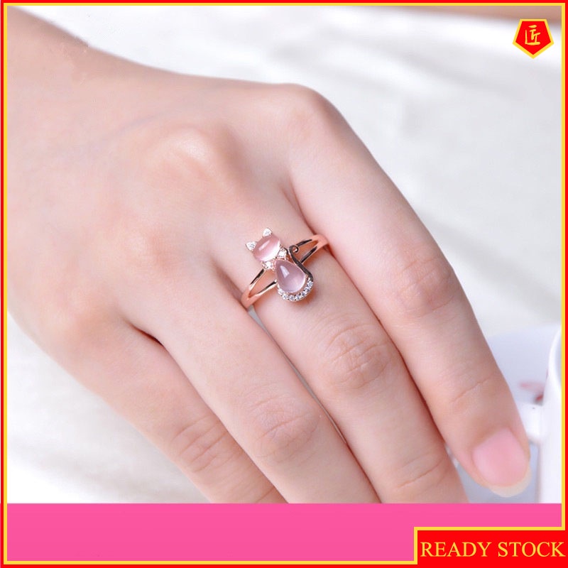 [Ready Stock]Rose Gold Pink Quartz Cat Ring Elegant and Sweet