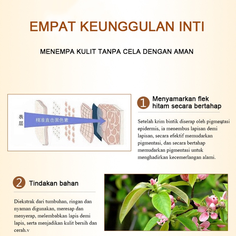 Krim pemutih wajah Efektif menghilangkan bintik hitam dan flek hitam/Krim pemutih dan menghilangkan flek Mencerahkan warna kulit/Memperbaiki kusam Memudarkan noda hitam Melasma Bintik hitam Bintik penuaan Bintik stretch mark Memperbaiki kulit