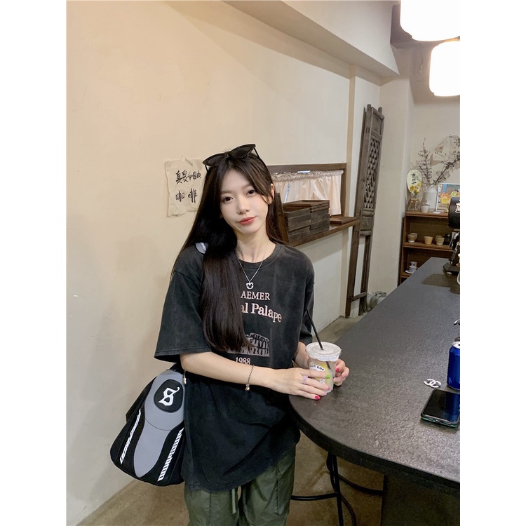 EUNII T-shirt Lengan Pendek Modis Bahasa Inggris Pencetakan Longgar Korean Style/Kaos Atasan Wanita/Baju Kaus Oversize Wanita