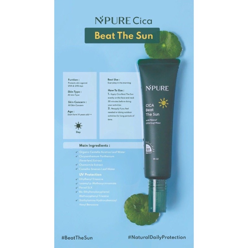 NPURE Cica Beat The Sun Indonesia / SPF 50 PA++++ Sunscreen Powder Facial Wash Cleanser Face Primer Essence Toner Serum Ampoule Day Night Eye Cream Moisturizer Sheet Clay Mask Masker Pad Body Lotion / Marigold Centella Asiatica Noni Probiotics Acne Paket